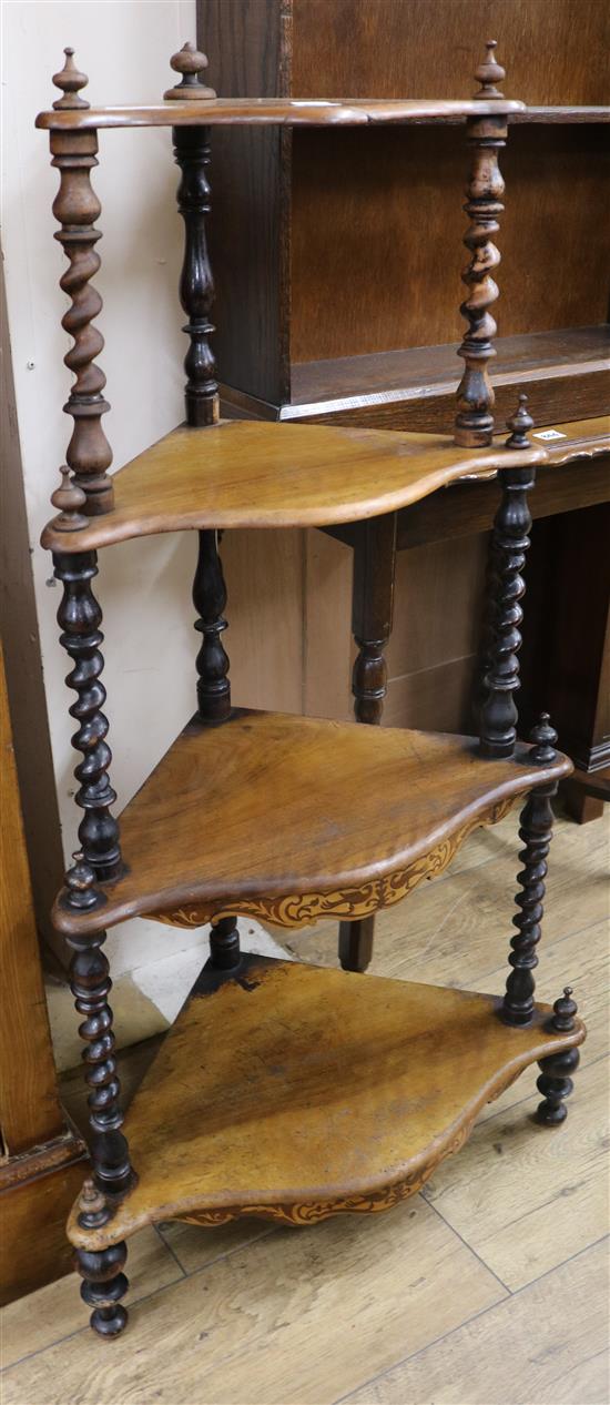 A Victorian walnut and marquetry corner whatnot W.59cm
